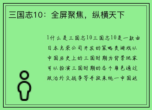 三国志10：全屏聚焦，纵横天下